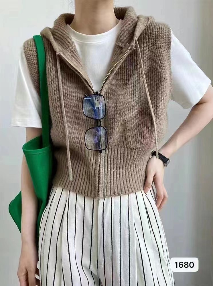 Korean chic niche hooded short drawstring no thong double zipper loose knitted vest vest women's jacket
