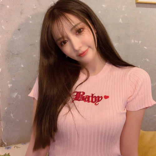 Lady Alice, Zhao Jing, pink tight thin T-shirt, short sleeve top, slim body, bottoming blouse, female Xia