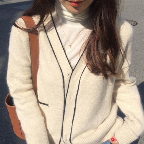 Korean ins style simple line color matching side pocket V-neck knitted cardigan loose coat sweater
