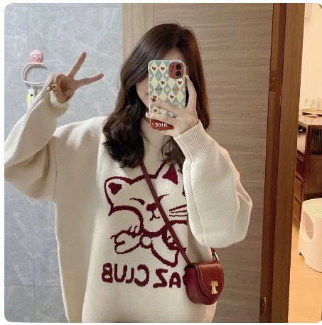Cat lazy style pullover sweater women's autumn and winter loose design sense niche thickened round neck outerwear bottoming sweater