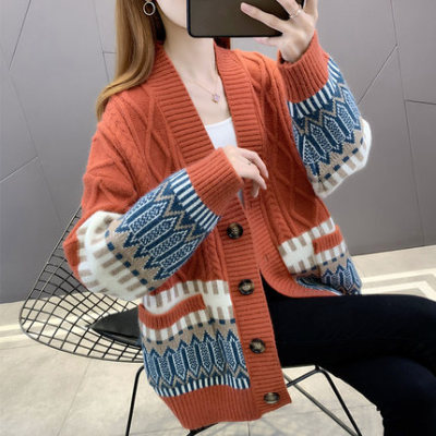 Knitted cardigan women's autumn 2021 new loose outer wear V-Neck Sweater Coat women's foreign style spring and autumn top fashion