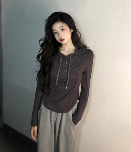 Real shot Sweet and spicy cotton new women's irregular hooded women's pure desire hot girl slim slim long-sleeved top T-shirt