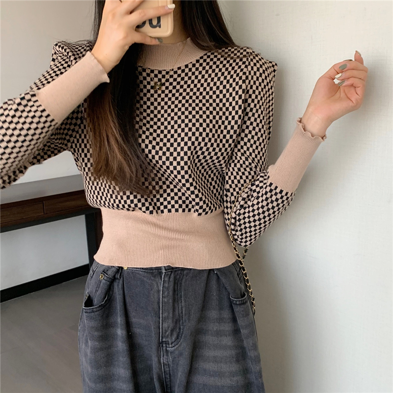 Real price round neck Pullover contrast check Long Sleeve Sweater Top loose Casual Short sweater women