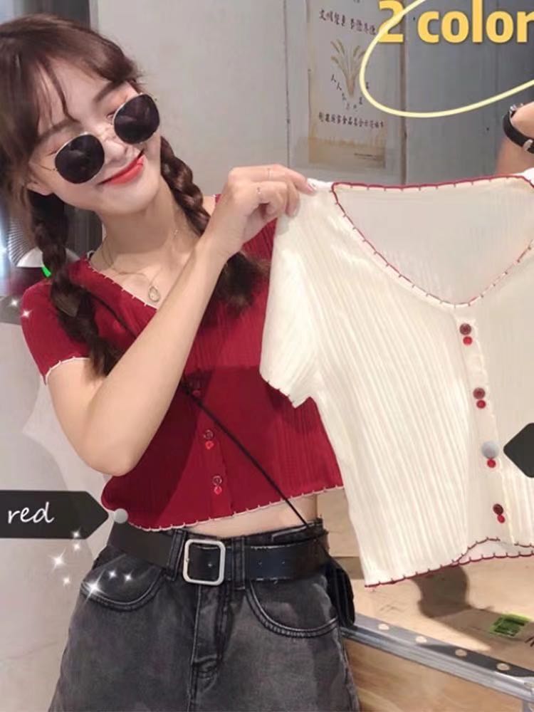 Net red top new style collar short sleeve ice silk knitwear slim fit short navel exposed heart machine T-shirt women trend