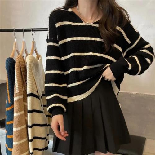 Official picture striped sweater high-grade autumn and winter loose sweater Pullover new Korean version soft waxy lazy wind outside