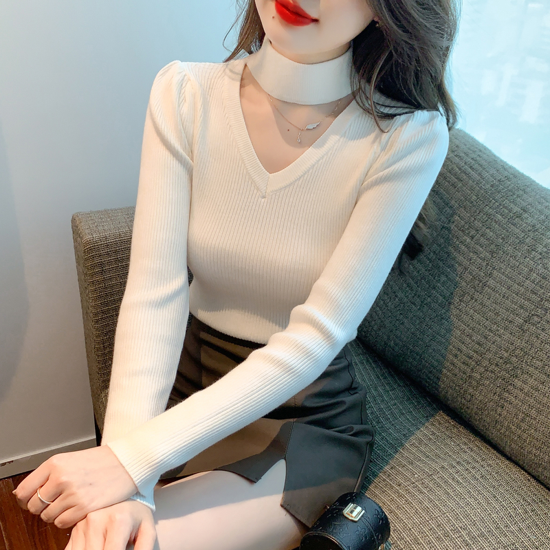 Real shot!  2022 new Korean version of the hollow feature solid color slim bottoming knitted sweater top