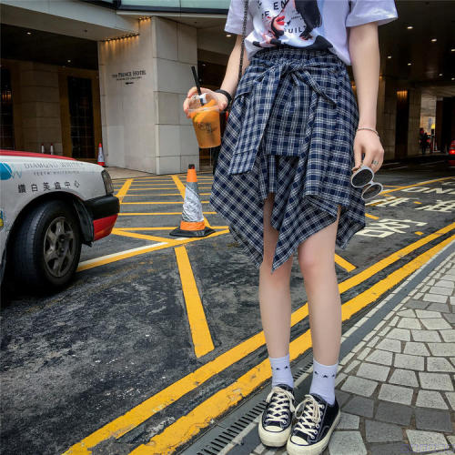 Real shooting lattice skirt, spring and summer, new student Korean version, high waist word, irregular elastic short skirt, female