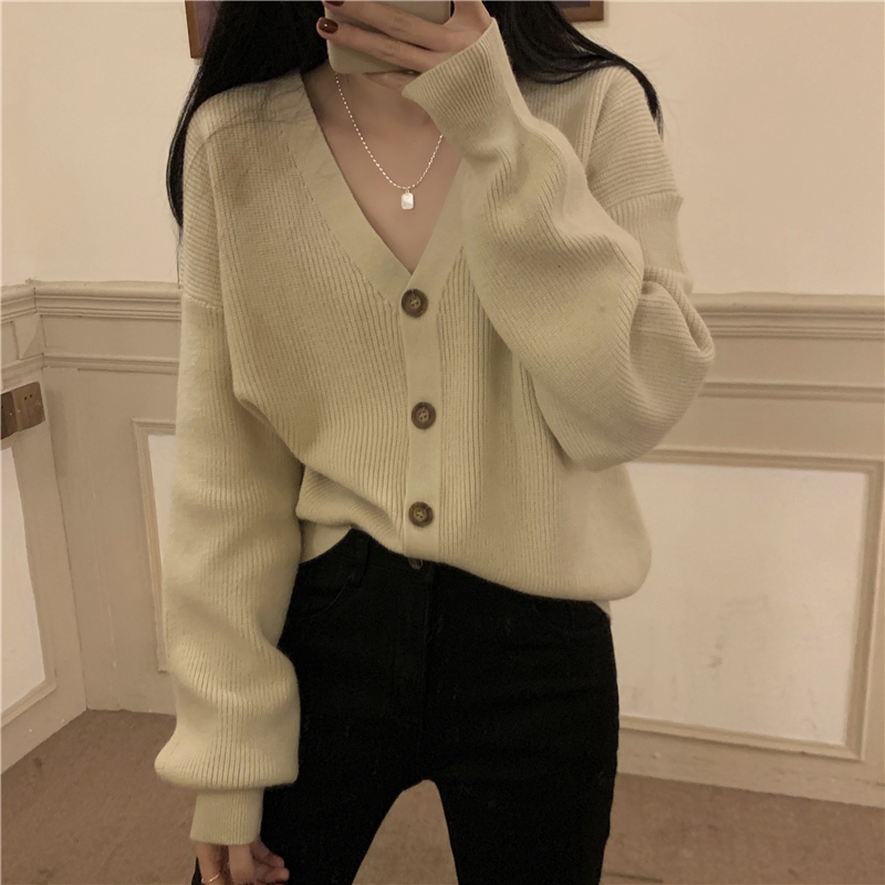 Real Price vintage V-Neck Sweater Coat cardigan women's 2021 autumn and winter new style French Knitted Top