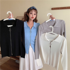 Real shot @ @ autumn 20 new Korean double zipper polo collar long sleeve knitted short jacket cardigan
