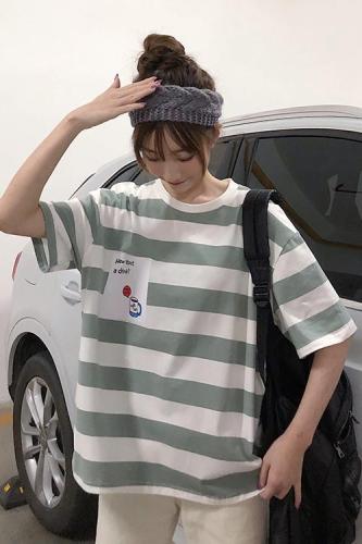 Real photo summer new school Stripe Print loose large short sleeve T-shirt for women