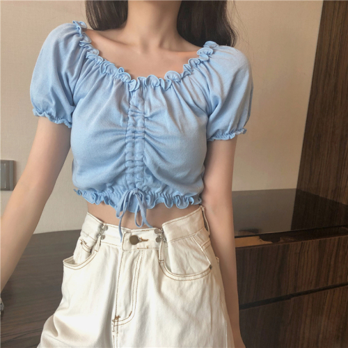 Real shot real price new summer new ear side drawstring pleated one word collar navel exposed short Knitted Top