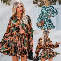 Cross border European and American foreign trade express Amazon new printed round neck long sleeved dress