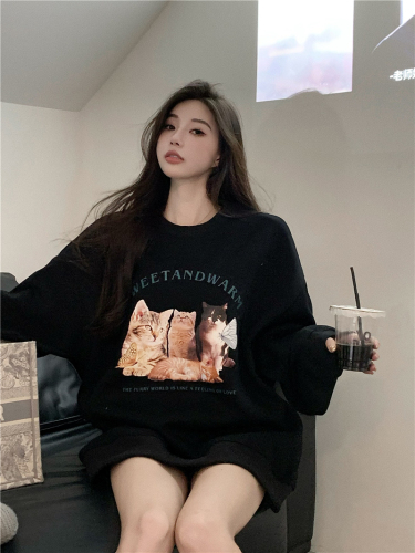 Official picture 310 grams of imitation cotton interwoven fabric winter thickened fleece sweater women's round neck printed back wrap long-sleeved top