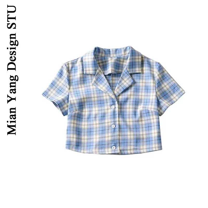American style retro AA college style young girl's lattice short sleeve shirt ins mind navel revealing suit collar blouse