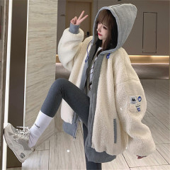 Winter thickened hooded lamb plush stitching cotton coat women's wild Korean version loose oversize cotton coat