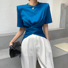 Real shot hem split shoulder pad T-shirt short sleeve 2021 summer new cross irregular design women's top
