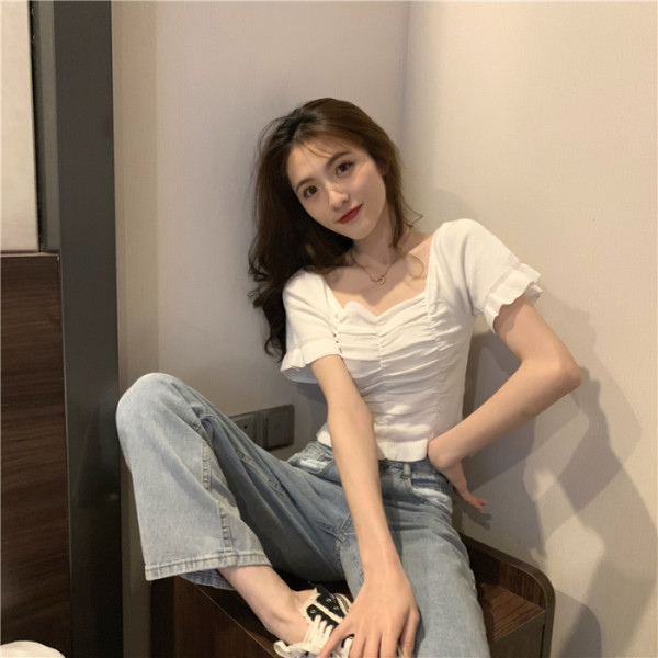 Summer French square collar clavicle bubble short-sleeved T-shirt one-shoulder design ice silk high-waisted short top for women trendy