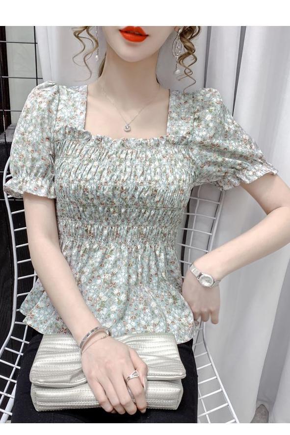 2023 summer new retro Hong Kong style square collar floral short-sleeved waist skirt slimming French chiffon top women's clothing