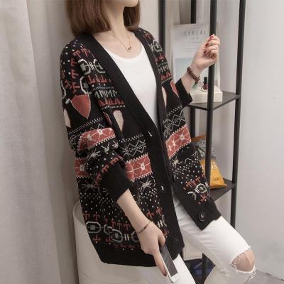 V-neck knitted cardigan women's 2021 autumn winter new loose and lazy style outer coat thickened Vintage sweater coat