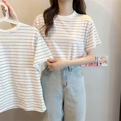 Real price cotton summer dress stripe loose medium BF short sleeve T-shirt women casual