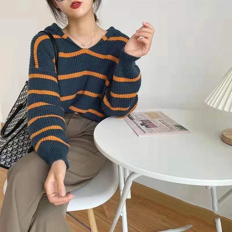 Striped navy neck pullover sweater women's V-neck design top big collar personalized bottoming shirt 2022 autumn ins