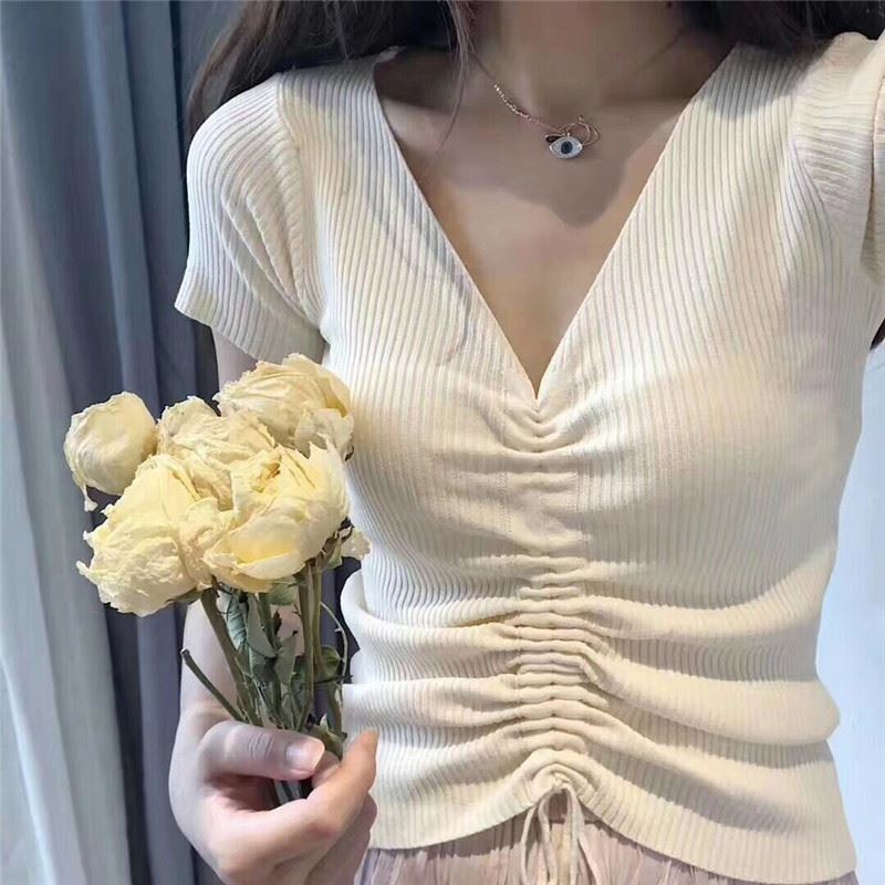 Summer 2020 new V-neck ice silk knitwear women's short sleeve westernized half sleeve drawstring purple top T-shirt fashion