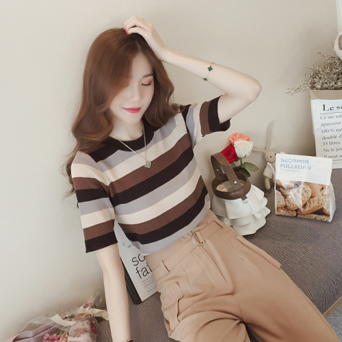 Autumn new Korean style colorful stripe ice silk T-shirt on women's short sleeve round neck thin T-shirt