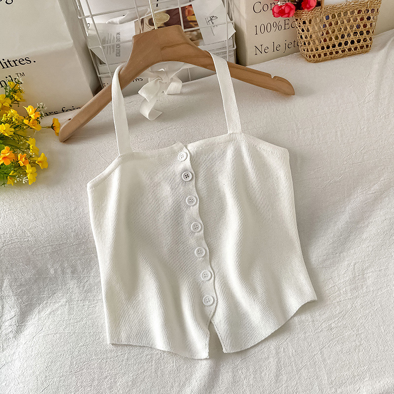 Sweet and spicy neck hanging knitted small suspender vest for women in summer wear sexy outside and sweet, cool and spicy girl style sleeveless blouse inside