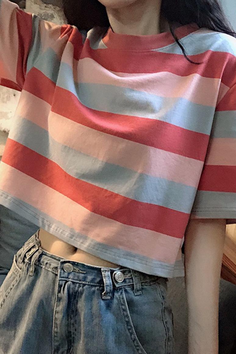 Official image Cotton-like 95% polyester 5% spandex striped short-sleeved t-shirt women's summer 2020 new trend