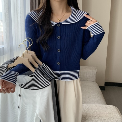 Real shot real price early autumn new navy collar stripe design sense is sweet and chic bump color knit cardigan jacket