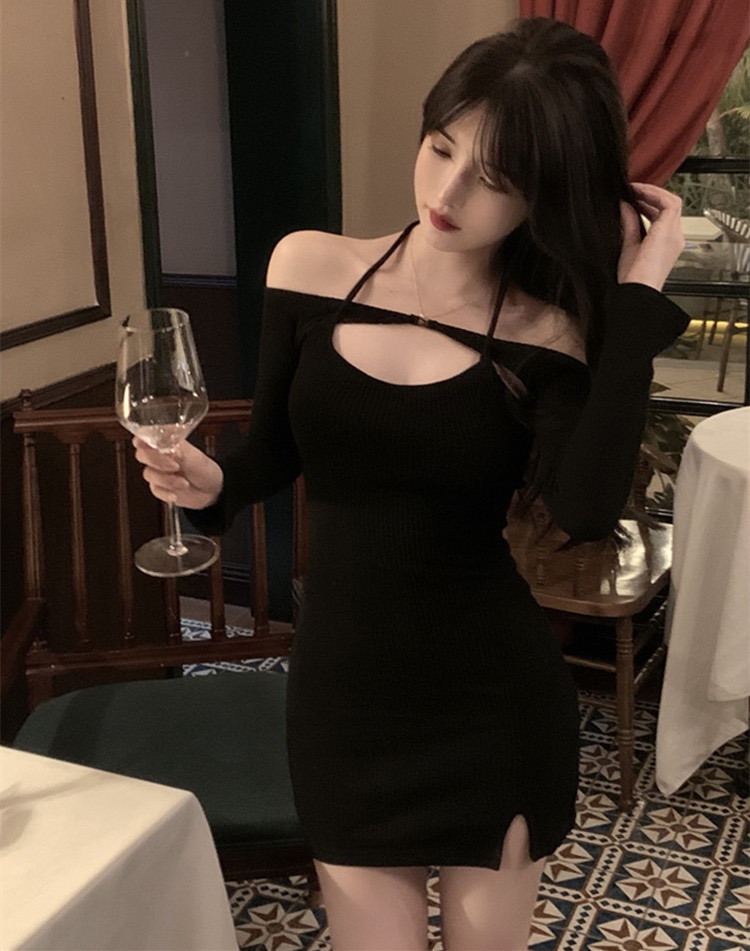 One shoulder neck knit dress women's pure sexy black skirt new style Hip Wrap Skirt in spring
