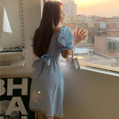 Summer new French retro minority square collar temperament skirt design minority Blue Plaid Dress