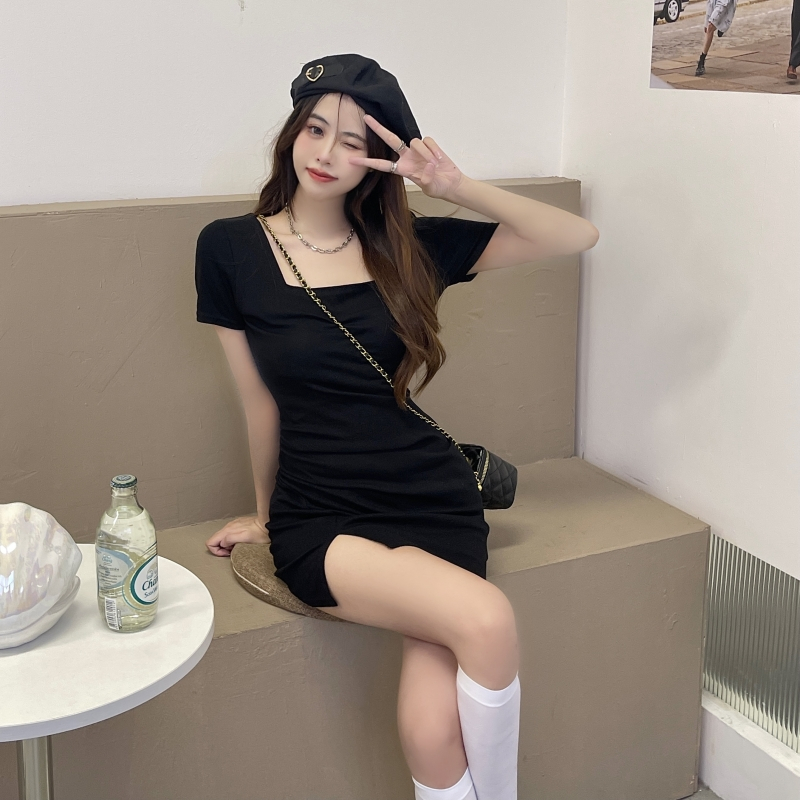 Korean version of women's neckline small black dress with a slim waistband and a slit wrapped hip skirt short skirt A-line skirt slim fitting bottom skirt dress