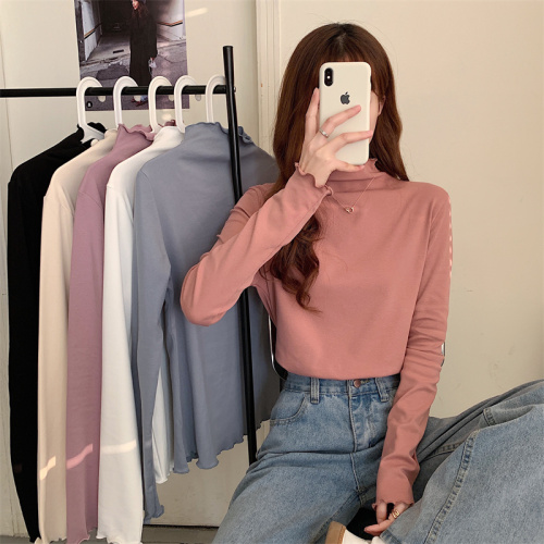 Real shot real price half turtleneck bottoming shirt women's inner wear spring and autumn thin velvet fungus edge top mid-neck long-sleeved t-shirt