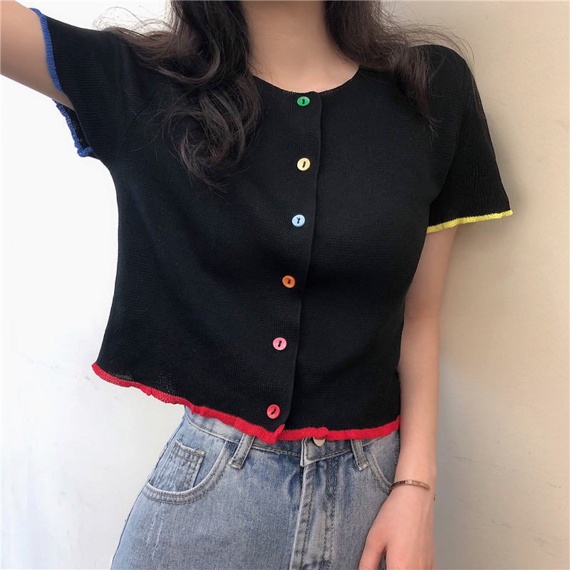 Real photo real price new Korean style elegant color button knitted cardigan short sleeve top for women in summer