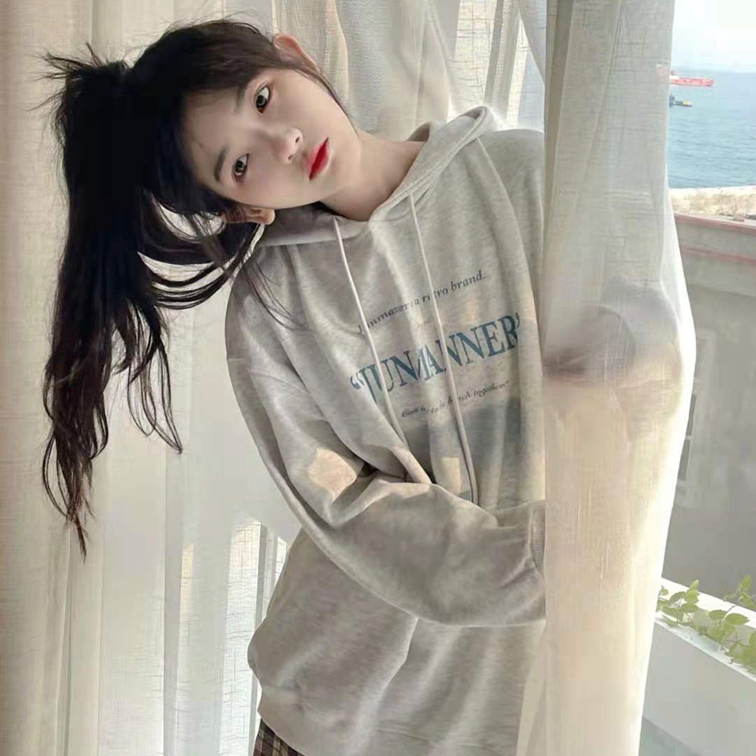Plush / thin spring and autumn retro California sea salt Blue Hoodie women's loose versatile top
