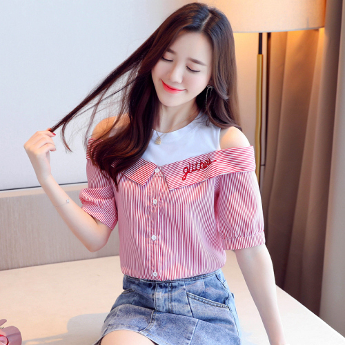 Actual photo of new summer shirt women's short sleeve Korean loose off shoulder fake two student embroidered chiffon shirt