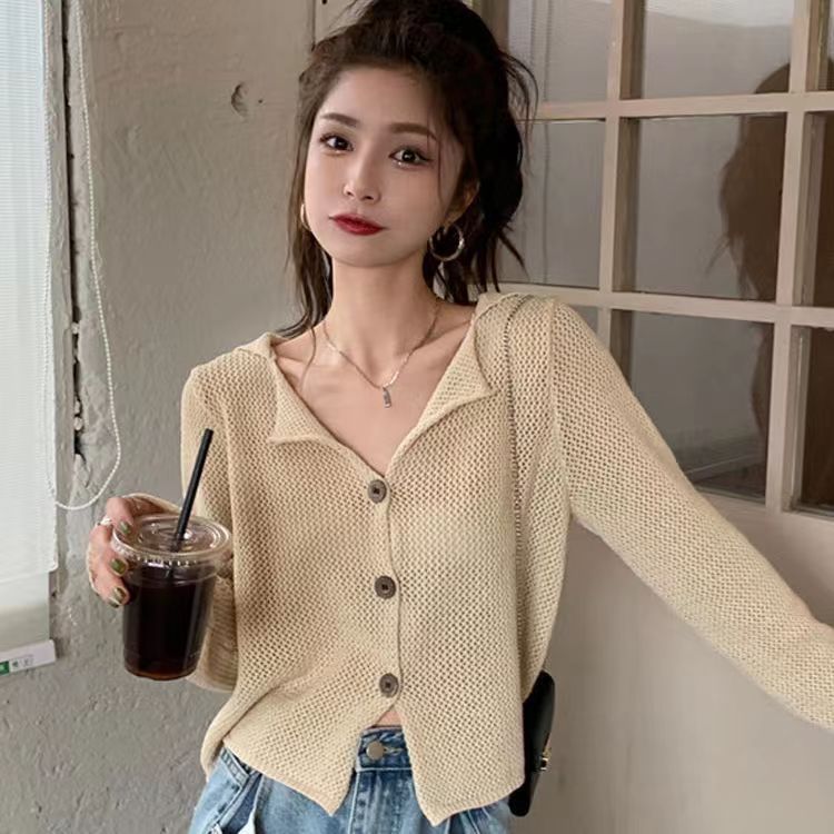 2022 new spring and autumn versatile hollow milk tea color small Lapel cardigan jacket short