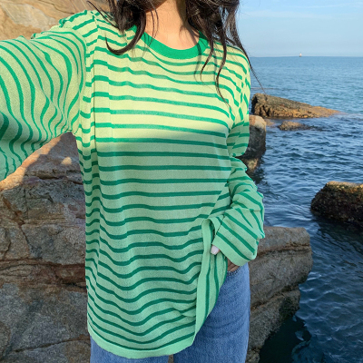 Color super a Korean style casual lazy stripe micro transparent sunscreen loose knit t