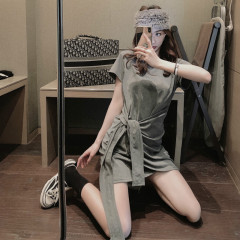 Real French temperament slim T-shirt skirt children's minority design irregular bandage short dress