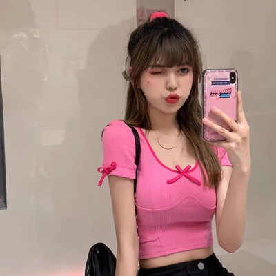 Bow U-neck slim fitting short sleeved T-shirt women's spring and summer 2022 new waist closing thin navel exposed short cute top
