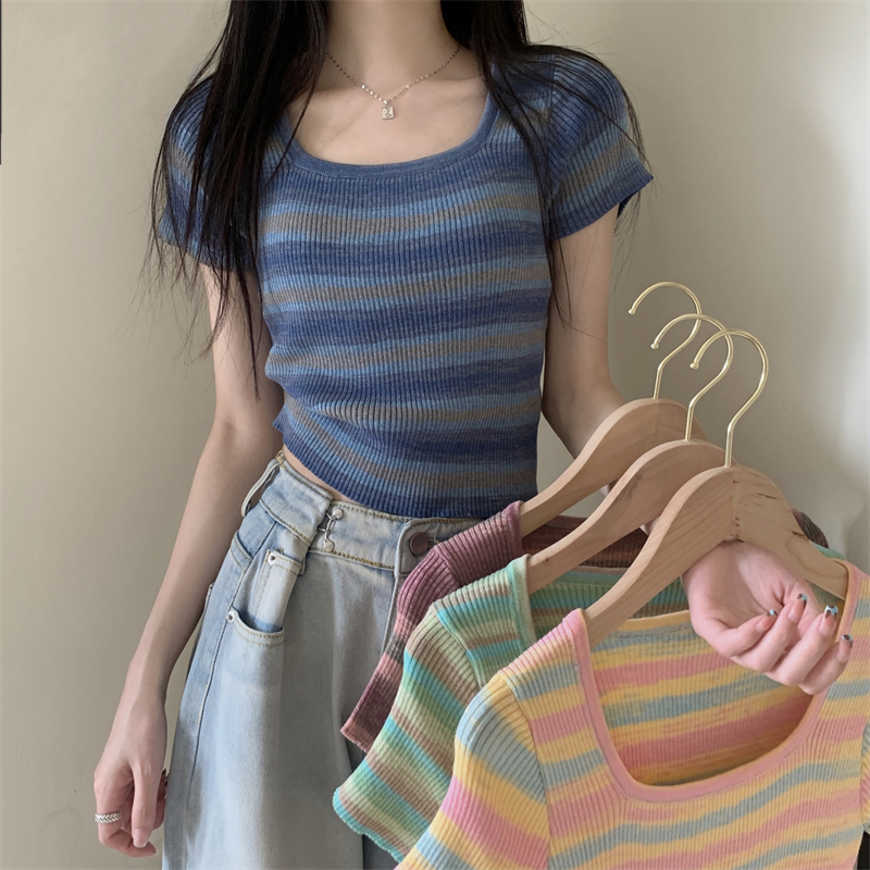 Real price summer new color contrast stripe square neck thin sweater short sleeved women's top