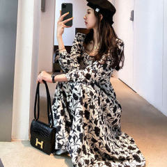 Janvini black long sleeve dress for women 2020 new Korean spring and autumn waistband shows thin temperament square collar skirt