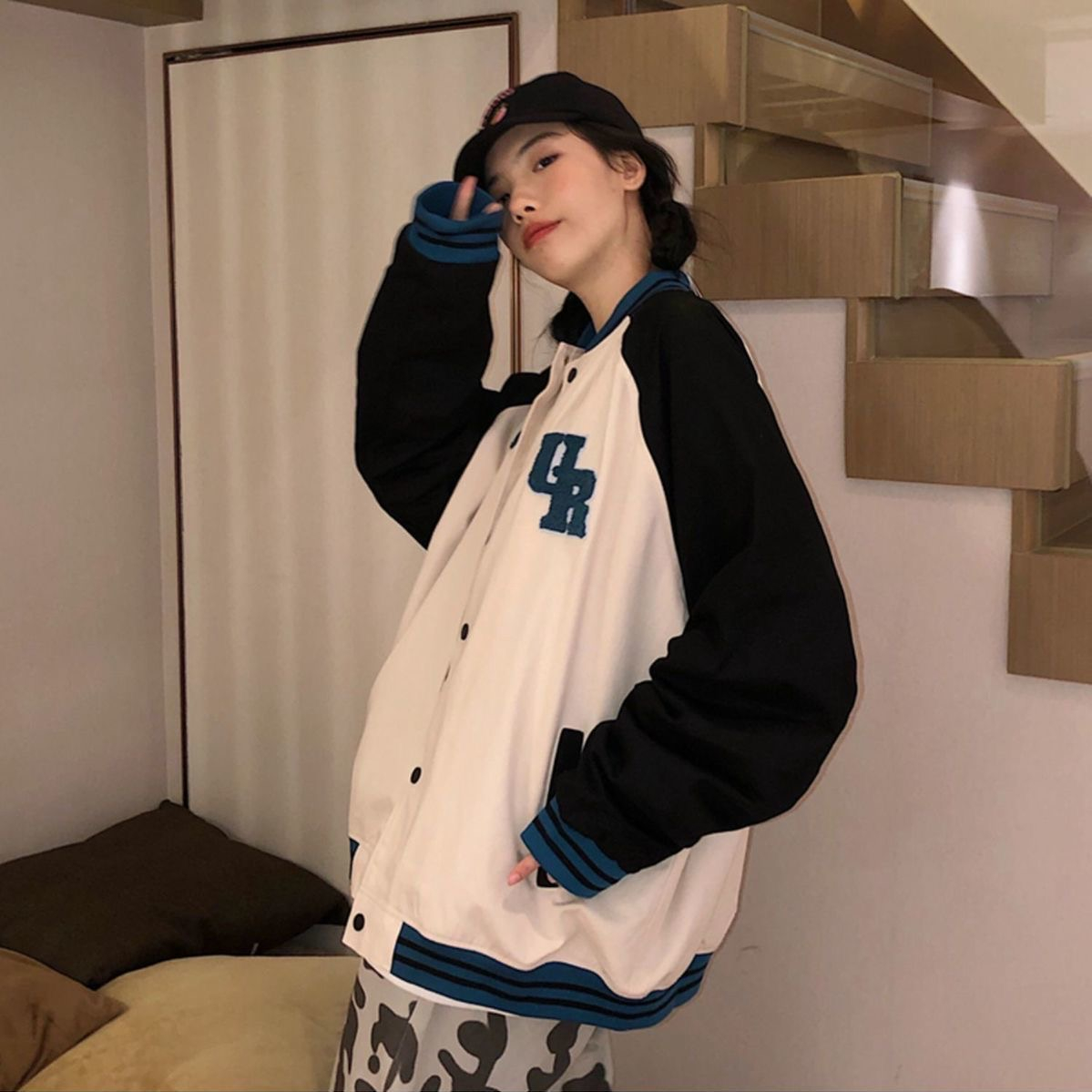 2022 American retro baseball uniform women's autumn new Korean version loose ins color matching student all-match jacket