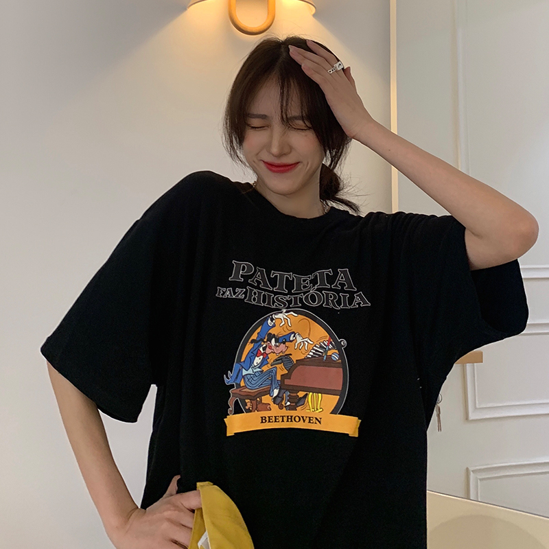Net price 180g pure cotton 2023 early spring new American style retro letter cartoon printing round neck half sleeve loose T-shirt