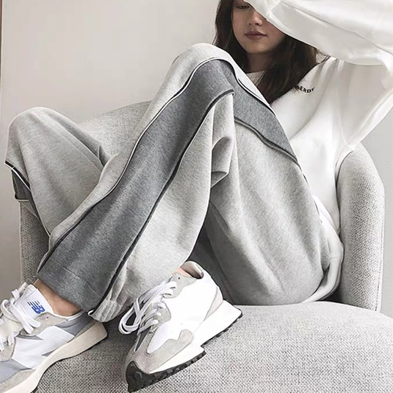 Grey sports pants women's loose legged autumn and winter high waist straight pants wide leg casual pants show thin fashion