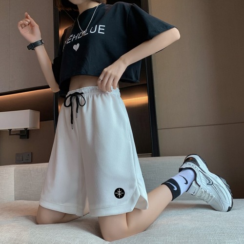 Real shooting ins sports shorts women's cotton elastic waist Capris CEC new loose straight leg pants in summer