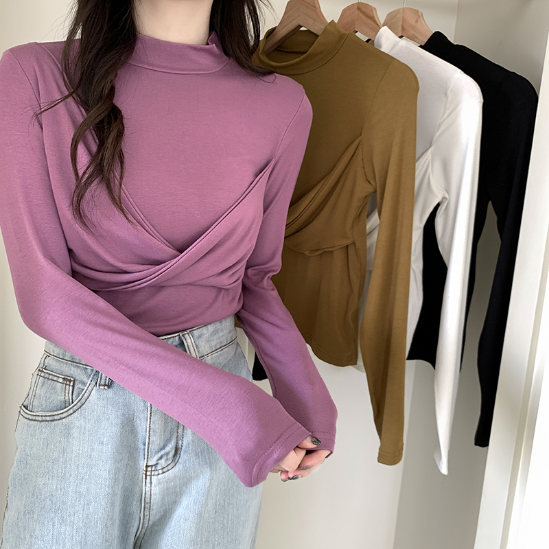 Real shot, real price, Korean style design sense, twisted flower on the chest, half high collar, slim fit, thin t-shirt, bottoming shirt, all-match top