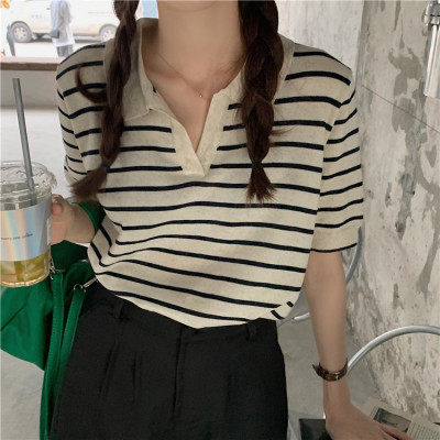 Lazy wind stripe short sleeve women's summer new Korean loose and versatile collar half sleeve top fashion