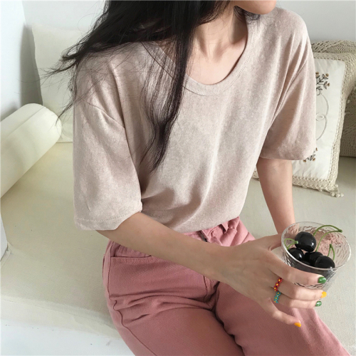 Real photo, real price, solid color, simple, all round collar, pullover, bamboo cotton, short sleeve T-shirt, female